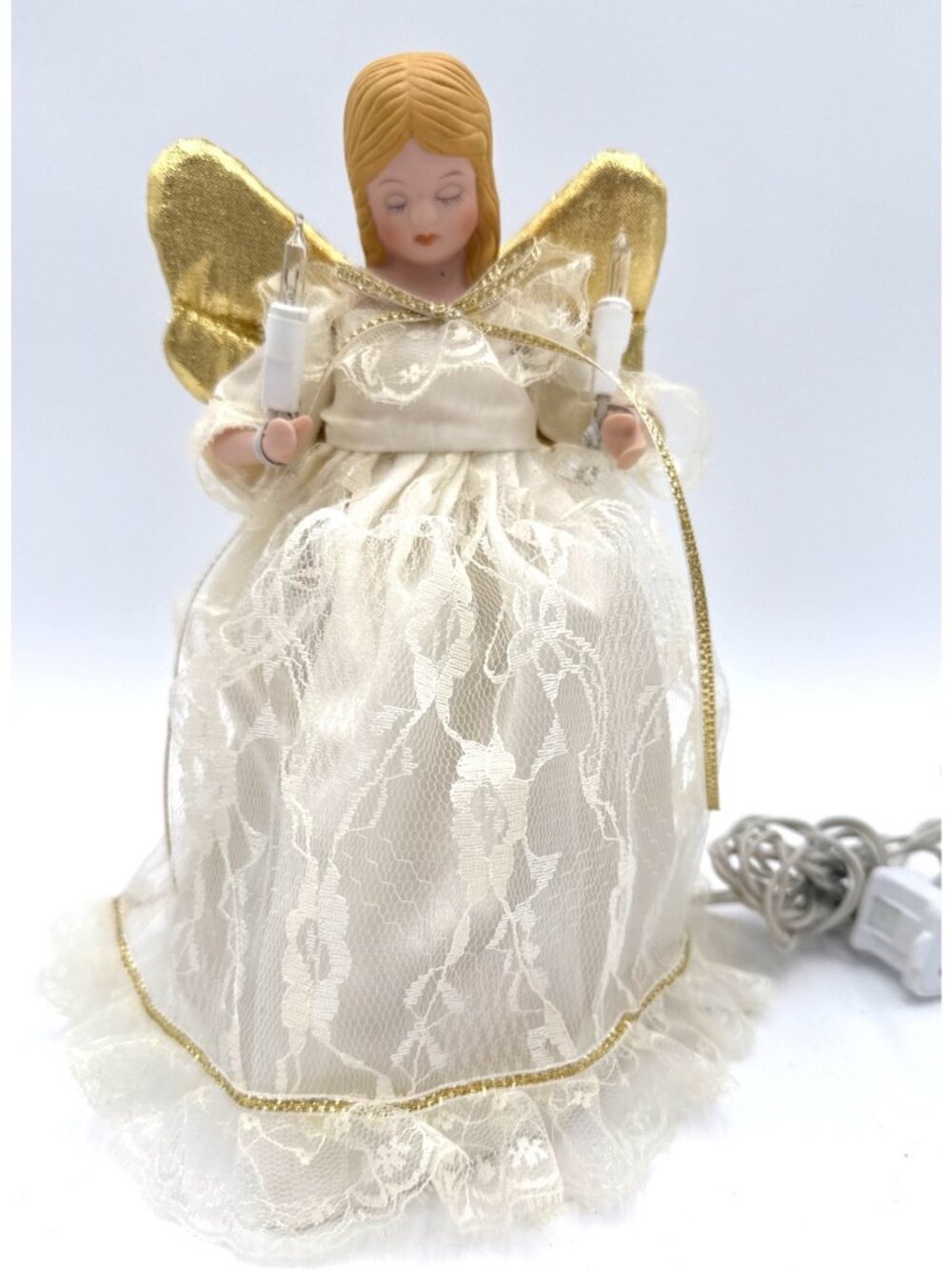 Lighted Porcelain Angel Christmas Tree Topper Cream with Gold Wings 9.5" Tall